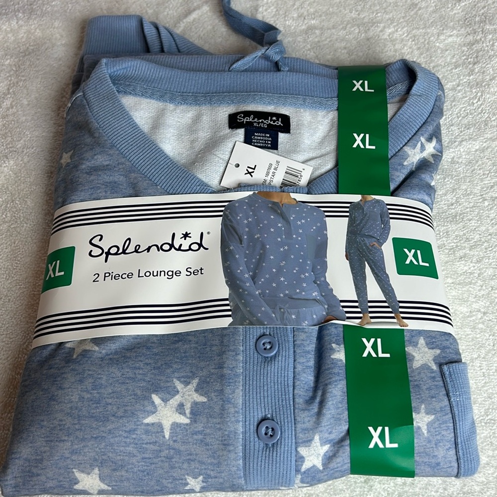Splendid 2pc Pajama Loungewear set blue white stars print Joggers Crew SZ XL.NWT